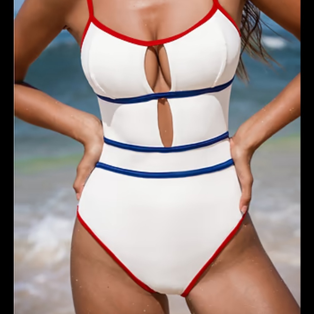 CUPSHE Noir  White One-Piece Swimsuit with Red and Blue Accents XL